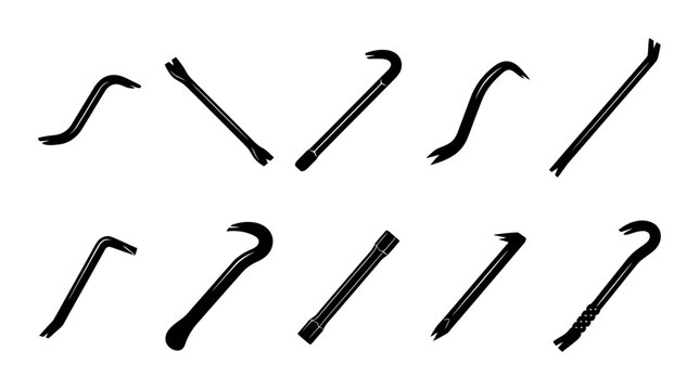 Crowbar Tool Silhouette Pack Collection Featuring Ten Different Professional Wrecking Bar And Pry Bar Shapes For Construction And Demolition