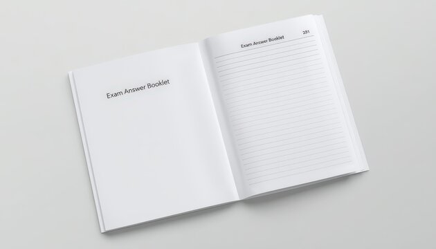 Open exam answer booklet with lined pages resting on a clean white professional studio surface background