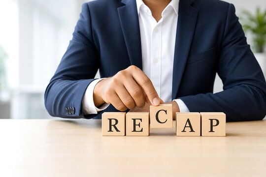 Businessman holding wooden blocks with the word recap at a modern office desk space