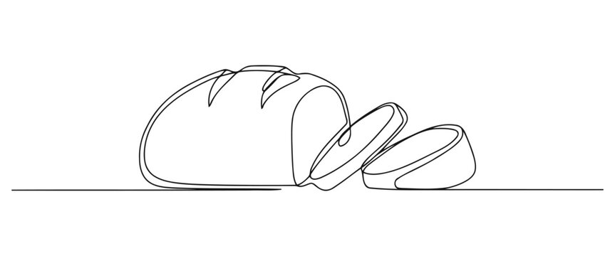 Continuous line drawing of a sliced loaf of bread on white background with continuous