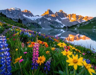 Fototapeta premium A serene alpine lake reflects majestic mountains at sunrise, surrounded by a vibrant meadow of wildflowers.