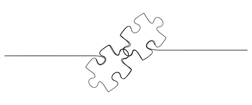 Single line art of two connected jigsaw puzzle pieces representing problem solving