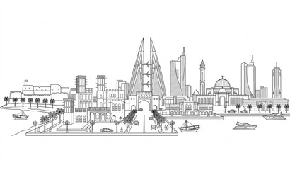 Obraz premium Bahrain Street Panorama Black and White Vector Illustration with Famous Landmarks
