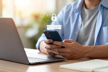 Fototapeta premium Person using smartphone with digital security icon