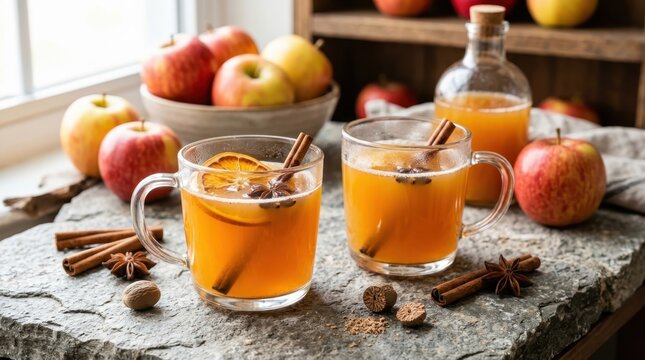 Hot Mulled Apple Cider in Glass Mugs with Cinnamon Sticks Star Anise and Orange Slices on Rustic Stone Surface with Fresh Red Apples in the Background