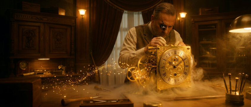 Senior watchmaker repairing a golden mechanical clock. Artisan uses a loupe while magical sparks rise from gears. Fantasy horology concept, ideal for steampunk and craftsmanship marketing.
