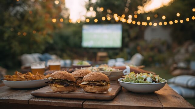 Backyard party with burgers, fries, salad, and a football game on a screen under string lights