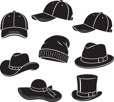 Black Baseball Cap and Hat Silhouette Vector Set Collection with Fashion Headwear Icons Isolated on White Background