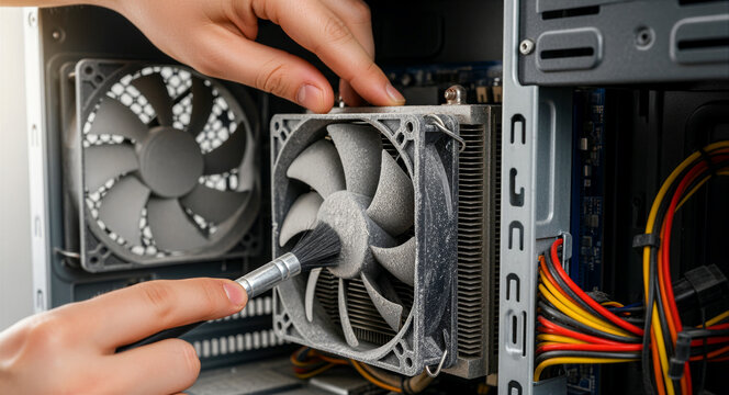 Technician cleaning a dusty computer fan using a soft brush inside a PC case. Close-up of maintenance removing dirt from CPU cooling hardware. IT repair concept for tech service marketing.