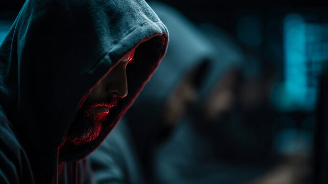 Hacker in hoodie typing on keyboard in dark room. Cybercriminal exploiting system vulnerabilities with glowing screen. IT security expert analyzing...