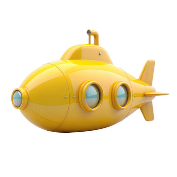 Cute cartoon yellow submarine 3D render on white background.