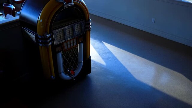 jukebox illuminated by sunlight in a vintage indoor space with wooden floor and wall, side view, slightly elevated, bright and nostalgic mood, market contexts: vintage decor, interior decor.