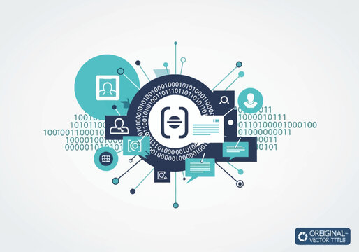 Abstract vector illustration showing AI binary code sequences, digital profile icons, and connected network data nodes in teal and navy blue colors on a clean white background.