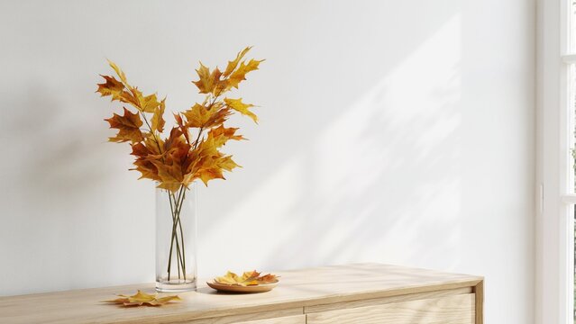 Dried maple leaves in glass vase on wooden table against white wall background