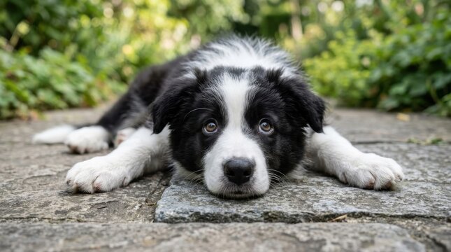 Adorable black and white Border Collie puppy lying flat on a stone garden path looking up with innocent eyes. This charming young pet portrait captures a sweet moment in a lush green outdoor setting!!