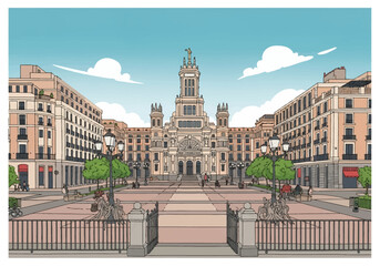 Fototapeta premium Vector illustration of Madrid Plaza de Cibeles featuring the Palacio de Cibeles architecture, surrounding buildings, street lamps, and city square in a clean line art comic style.