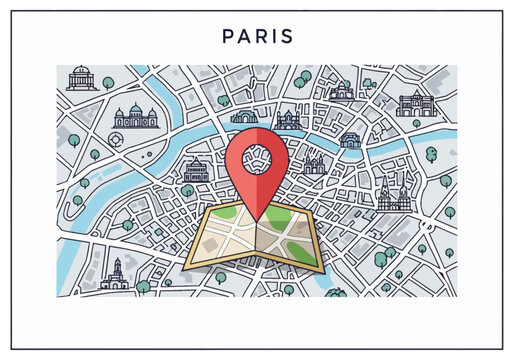 Vector Paris city map illustration featuring a red location pin, the Seine river, and architectural landmark icons including the Louvre and Notre Dame in flat design style.