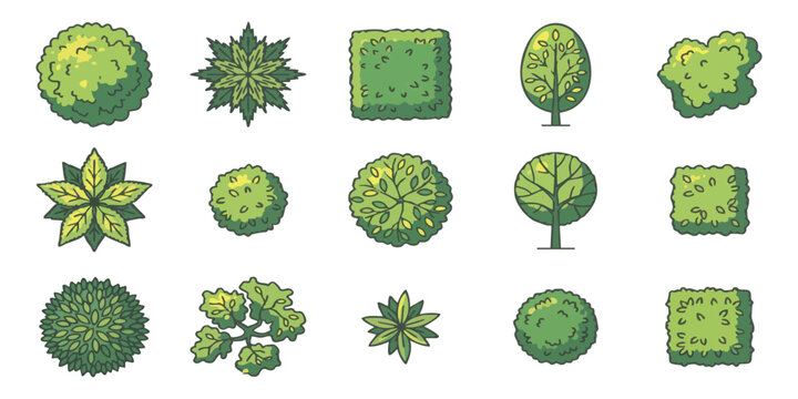 Set of top view green trees and bushes for architecture landscape design plans and exterior site mapping