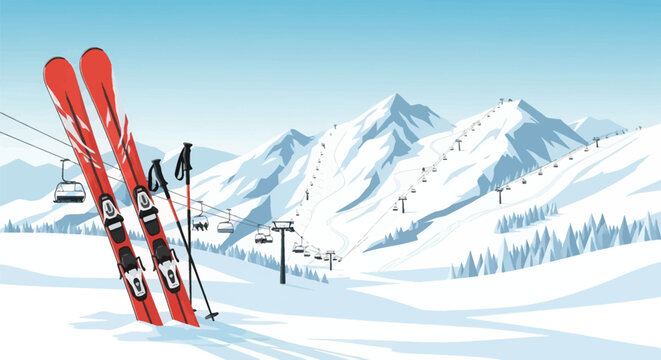Vector illustration of red downhill skis and poles standing in snow with a background of snowy alpine mountain peaks, multiple ski lifts, and a clear blue winter sky.