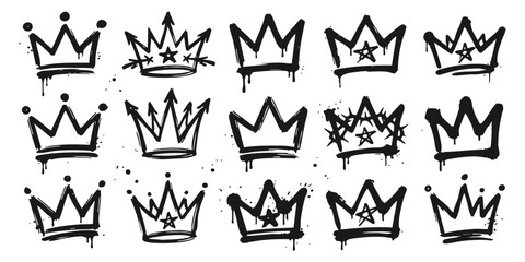 Set of black hand drawn graffiti crown icons with paint drips and spray texture for street art design projects © GraphixEra