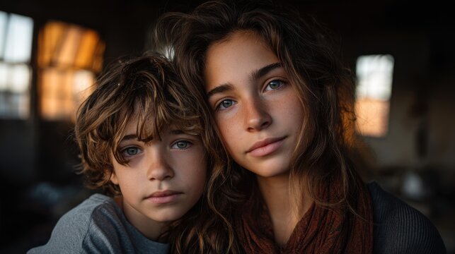 Two siblings embracing in a run-down house