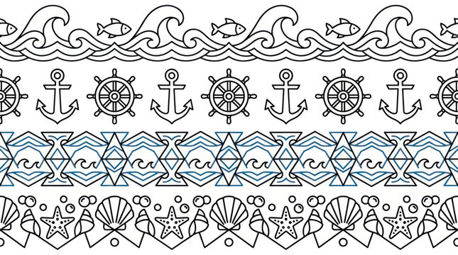 Nautical and ocean themed seamless border patterns.