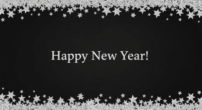 Happy New Year typography centered on dark gradient background featuring top and bottom border frames composed of various sized white five-pointed stars. Vector holiday graphic.