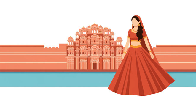 Flat vector illustration of an Indian princess in traditional red lehenga choli standing before Jaipur's Hawa Mahal palace with Rajasthani architectural details on white background.
