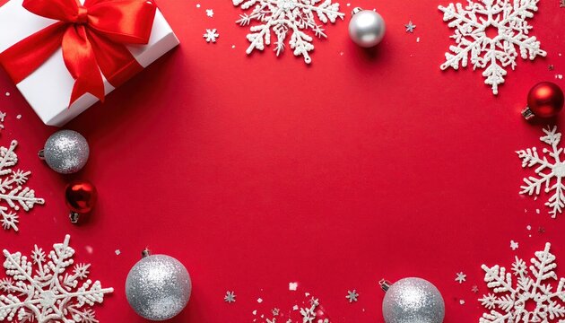 Christmas red border frame: A holiday greeting card background featuring white snowflakes, a red ribbon gift box, and metallic baubles on a rich red paper background.
