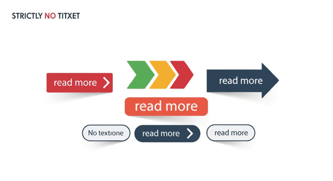 Set of colorful flat vector read more buttons and arrow icons for web interface. Includes red, blue, green and yellow UI elements, chevron shapes, and call-to-action graphics on white.