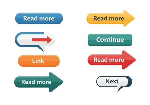 Set of eight colorful vector UI buttons featuring Read more, Continue, Link, and Next text. Various shapes including arrows, speech bubbles, and rounded rectangles on white.