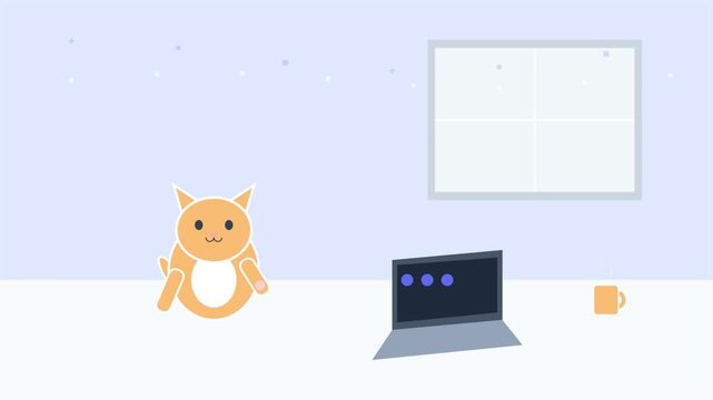 Cute orange cartoon cat waving paw at desk in home office