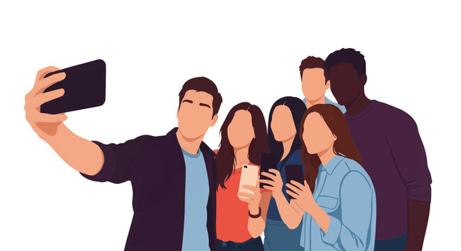 Flat vector illustration of a diverse group of six multicultural young friends taking a collective selfie together using a smartphone isolated on a white background lifestyle concept.