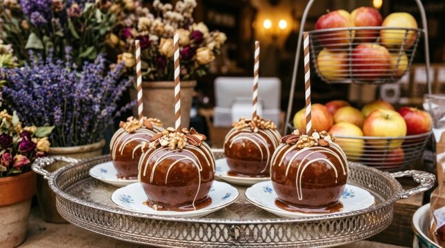 Gourmet caramel apples topped with pecans and walnuts on a silver platter at a rustic fall market stall, providing a delicious seasonal dessert for autumn festivals and cozy neighborhood celebrations.