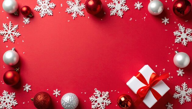 Christmas red border frame: A holiday greeting card background featuring white snowflakes, a red ribbon gift box, and metallic baubles on a rich red paper background.