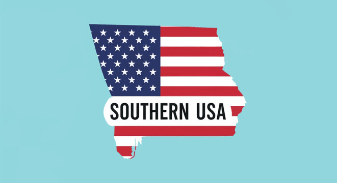 Map of Georgia state silhouette filled with American flag stars and stripes pattern, featuring a white banner with black text reading Southern USA on a solid light blue background.