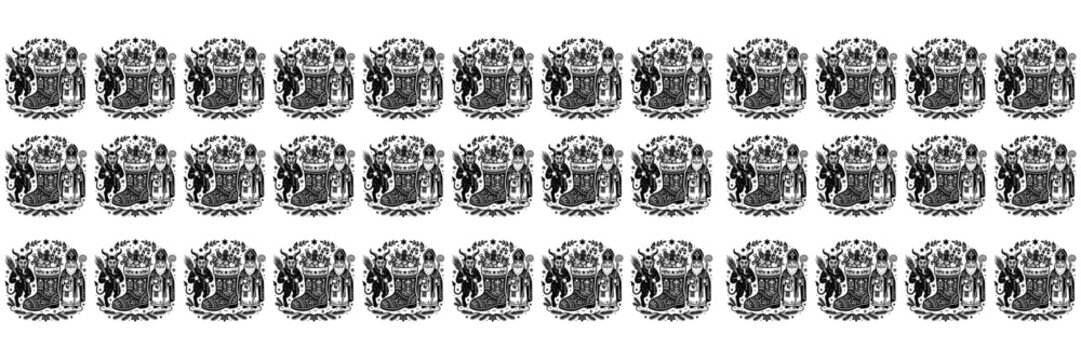 Seamless border pattern featuring traditional Saint Nicholas Krampus and festive Christmas boot illustration