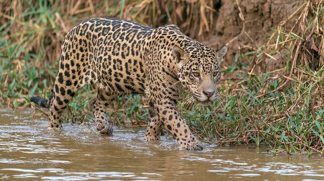 Female jaguar prowls along the Rio Cuiaba in Brazil's Pantanal, hunting for food.
