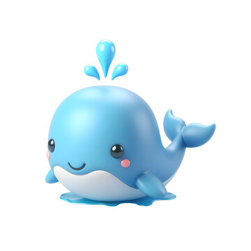 Cute cartoon blue whale character with water spray isolated on white background.