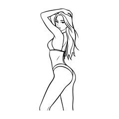 Logotipo vacaciones de verano. Dibujo sencillo con líneas de una chica joven sexy con cabello largo y bikini posando de perfil con la mano en la cabeza  © teracreonte