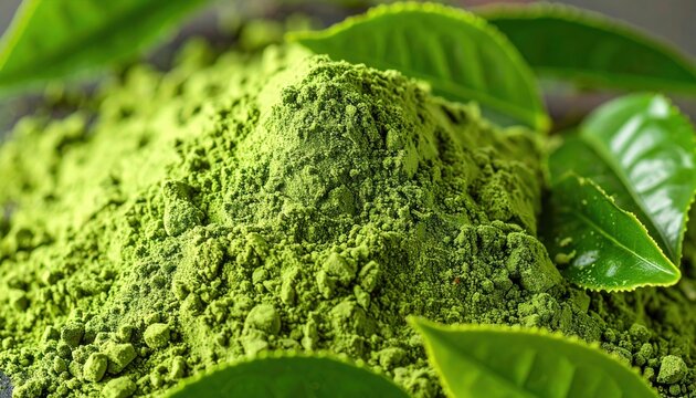 A heap of green matcha tea powder and leaves, natural elements, detailed texture close-up.