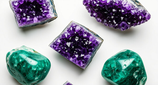 Amethyst geodes and green emerald crystals arranged on white background. Top view of precious minerals and quartz druzy clusters. Healing stone concept ideal for holistic wellness marketing.