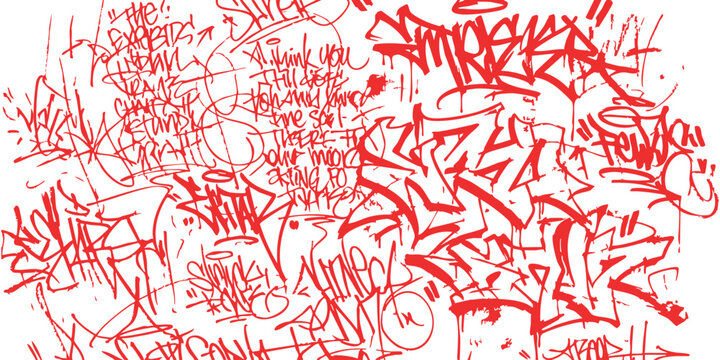 Abstract graffiti tags and street art lettering patterns in vibrant red ink on a rough urban wall background