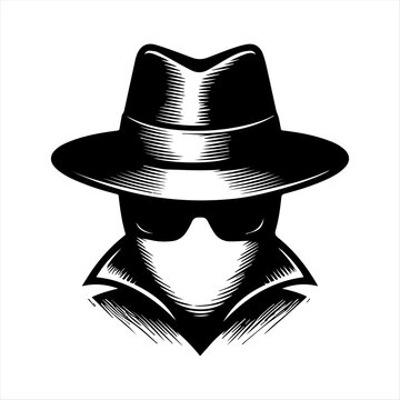 Stylized black and white illustration of a mysterious man wearing a fedora hat and sunglasses.