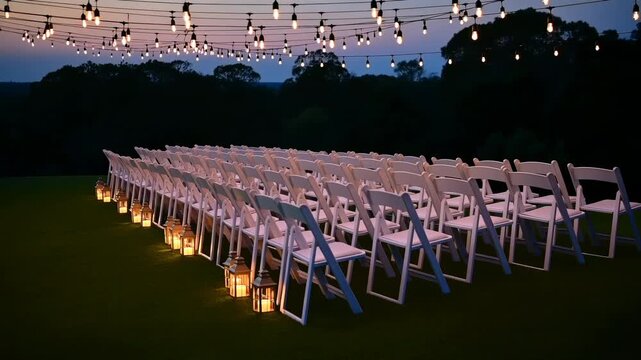 Rows of white chairs static arrangement with lighting changes, in outdoor grassy area trees in the background, with white chairs, string lights, with wooden chairs, metal frames texture.