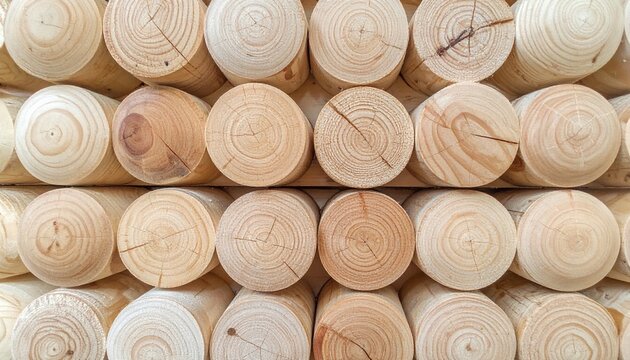 A detailed macro photograph capturing the detailed grain texture of light-colored, rustic parallel wooden logs arranged neatly together.