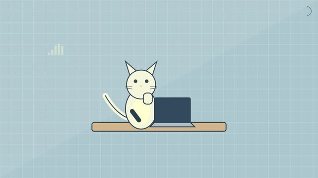 Cartoon Cat Programmer Developing Software on Laptop with Idea Icon