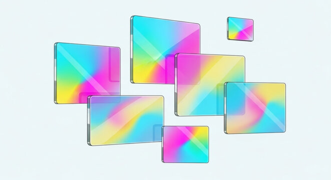 Colorful multiple tablets with rainbow gradient screens arranged in a dynamic layout for technology and digital use