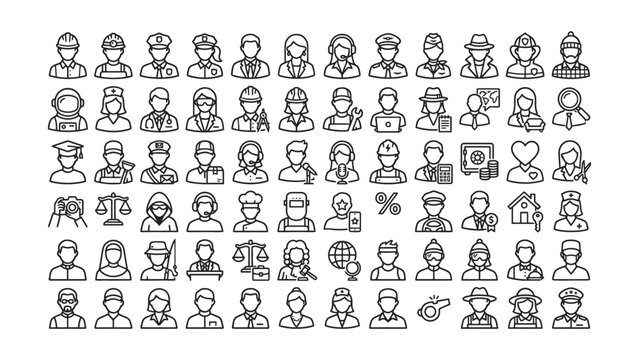 Line icons of various occupations and professions with people wearing different types of headgear and masks  diverse careers and jobs