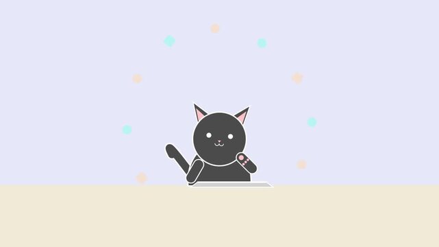 Cute black cat working on laptop minimalist vector illustration